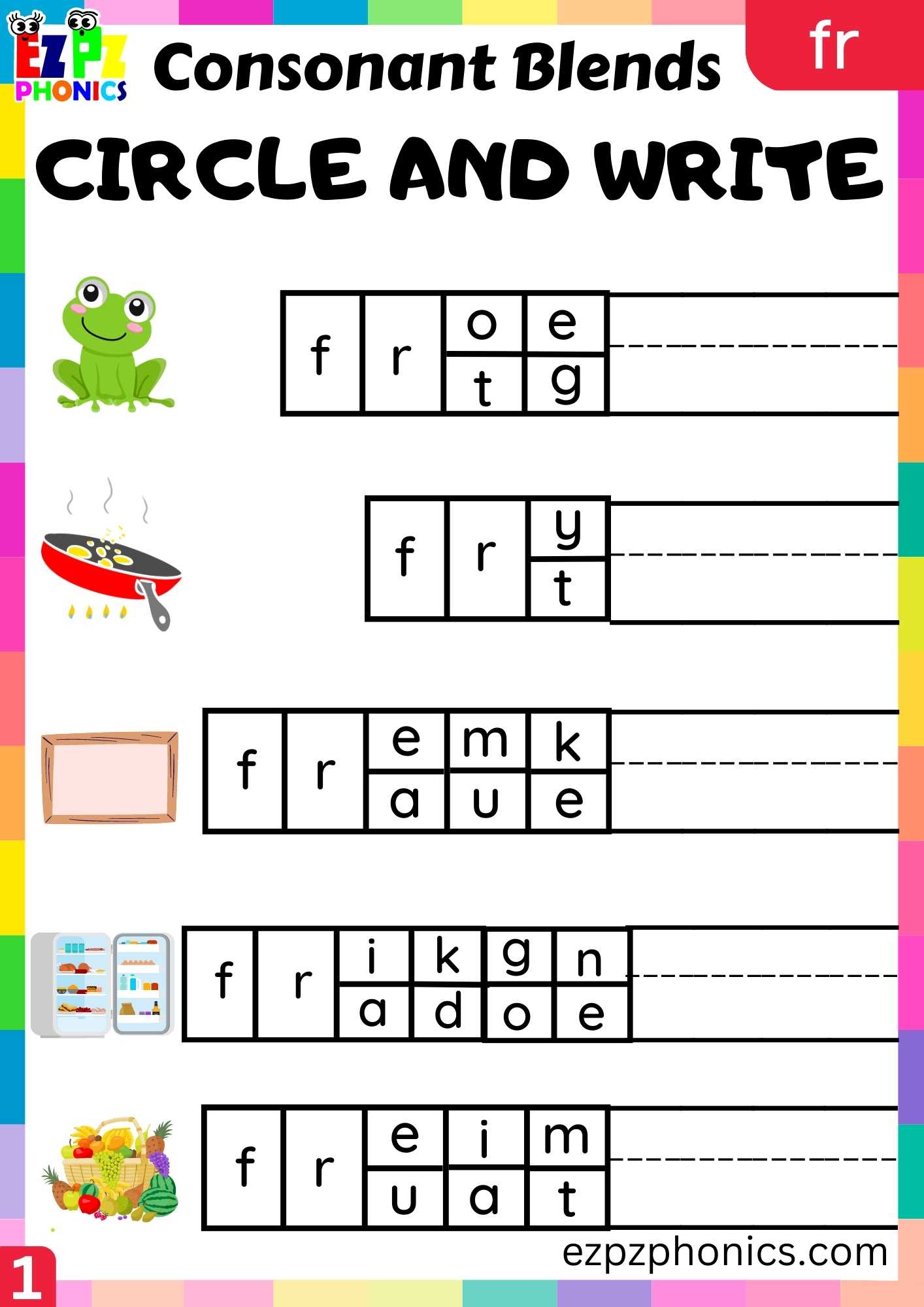 Group1 FR Words Circle And Write Phonics Consonant Blends Worksheet